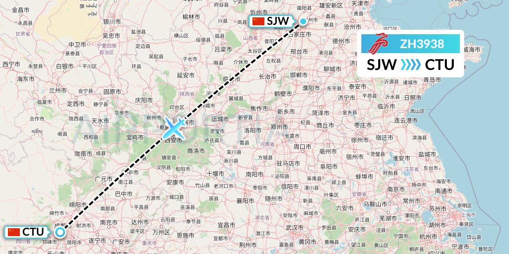 ZH3938 Shenzhen Airlines Flight Map: Shijiazhuang to Chengdu