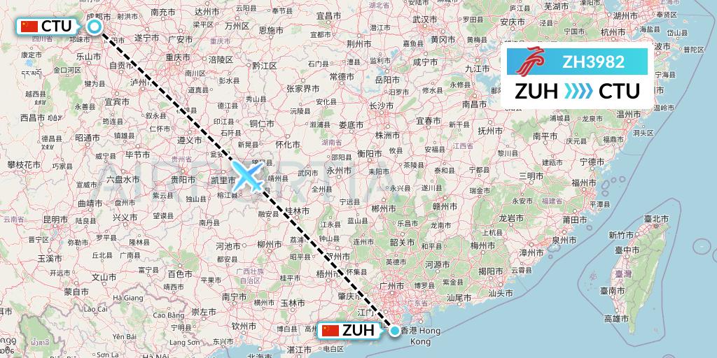 ZH3982 Shenzhen Airlines Flight Map: Zhuhai to Chengdu