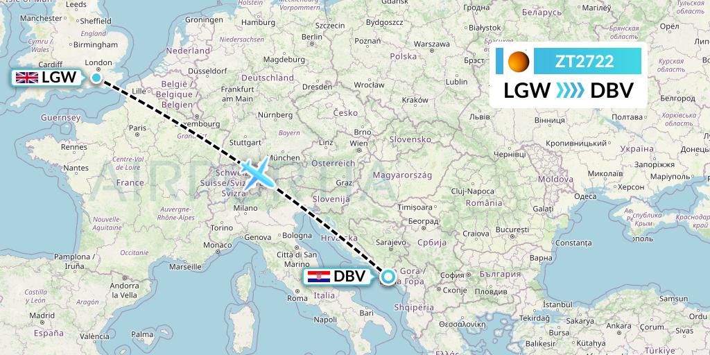 ZT2722 Titan Airways Flight Map: London to Dubrovnik