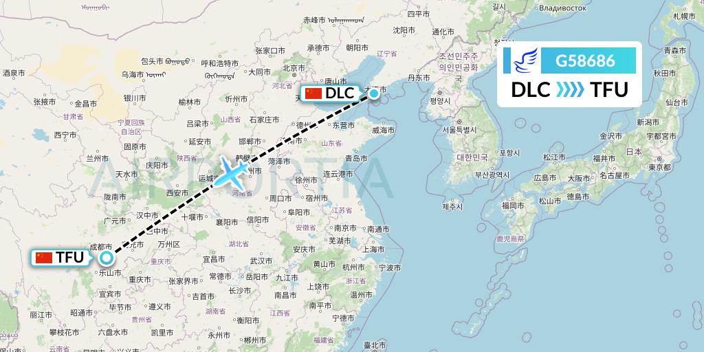 G58686 China Express Airlines Flight Map: Dalian to Chengdu