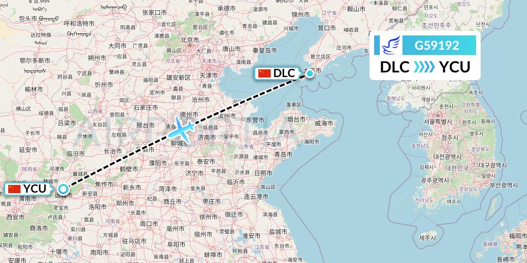 G59192 China Express Airlines Flight Map: Dalian to Yuncheng