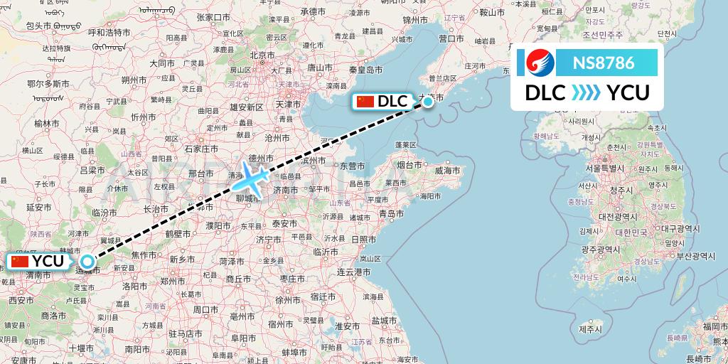 NS8786 Hebei Airlines Flight Map: Dalian to Yuncheng