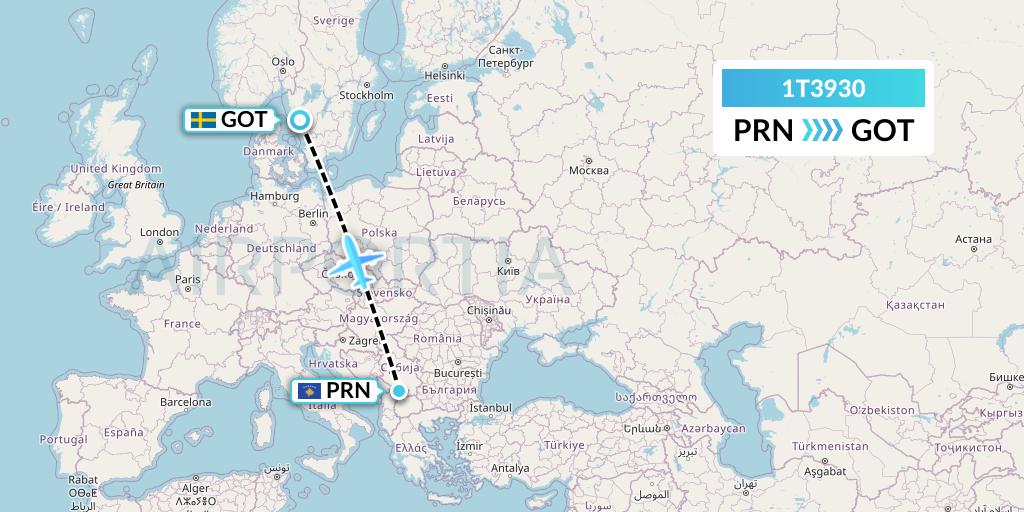 1T3930 Russian Sky Flight Map: Pristina to Gothenburg