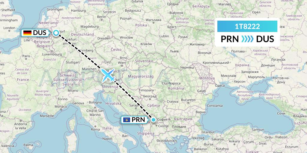 1T8222 Russian Sky Flight Map: Pristina to Dusseldorf