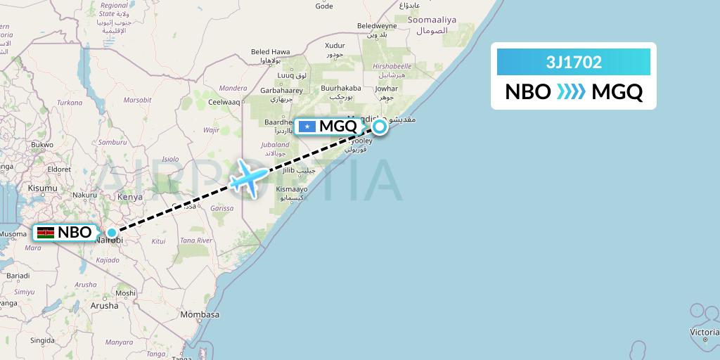 3J1702 Jubba Airways Flight Map: Nairobi to Mogadishu