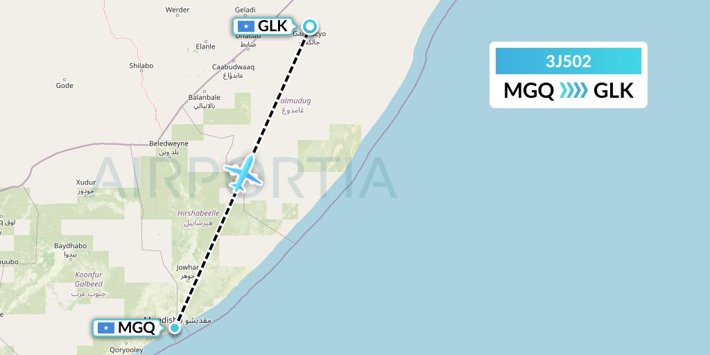 3J502 Jubba Airways Flight Map: Mogadishu to Galcaio