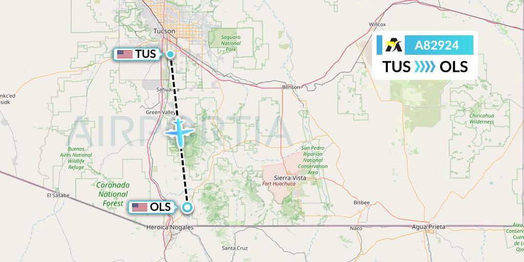 A82924 Aerolink Uganda Flight Map: Tucson to Nogales