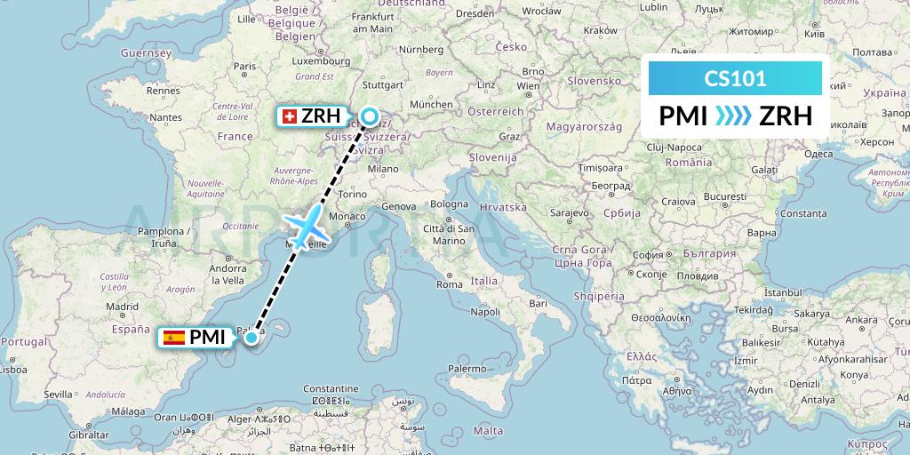 CS101 Continental Micronesia Flight Map: Palma de Mallorca to Zurich
