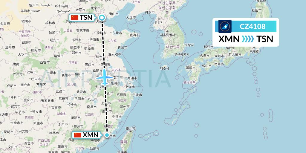 CZ4108 China Southern Airlines Flight Map: Xiamen to Tianjin