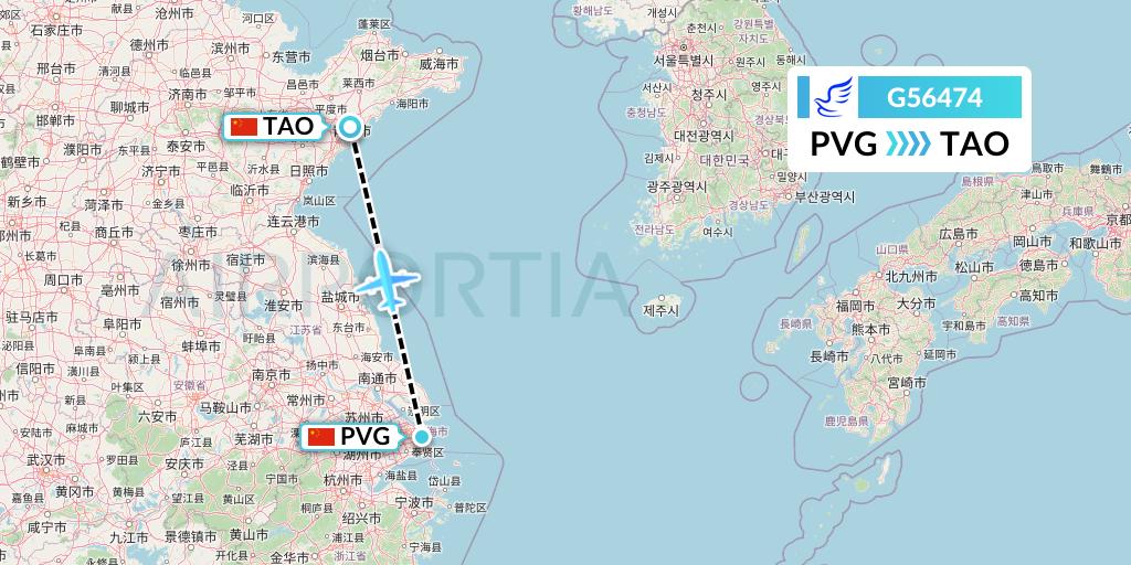 G56474 China Express Airlines Flight Map: Shanghai to Qingdao