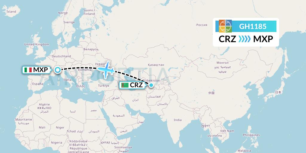 GH1185 Globus Flight Map: Turkmenabat to Milan