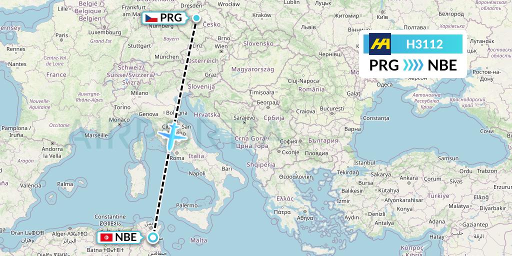H3112 Harbour Air Flight Map: Prague to Enfidha