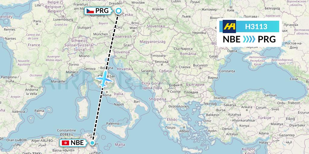 H3113 Harbour Air Flight Map: Enfidha to Prague