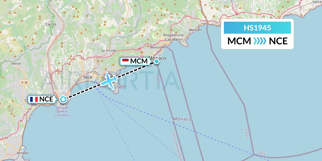 HS1945 Heli Securite Helicopter Airline Flight Map: Fontvieille to Nice