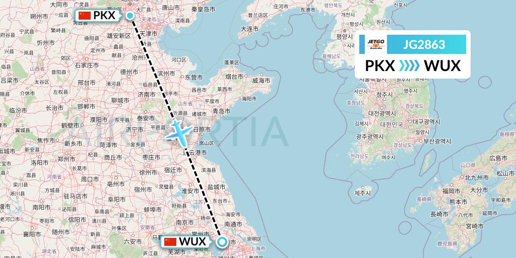 JG2863 JetGo Australia Flight Map: Beijing to Wuxi