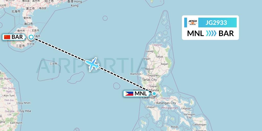 JG2933 JetGo Australia Flight Map: Manila to Qionghai