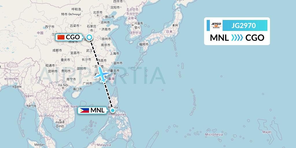 JG2970 JetGo Australia Flight Map: Manila to Zhengzhou