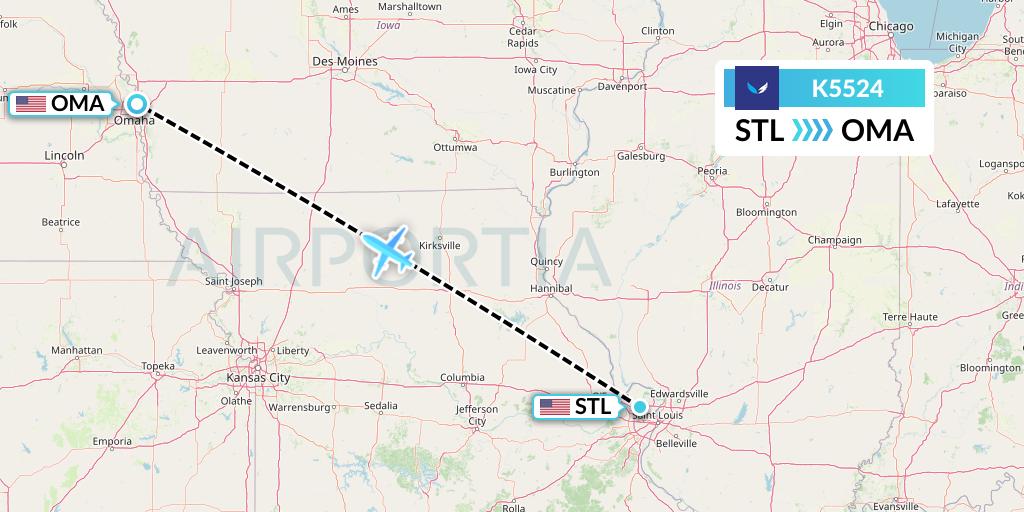 K5524 SeaPort Airlines Flight Map: St. Louis to Omaha