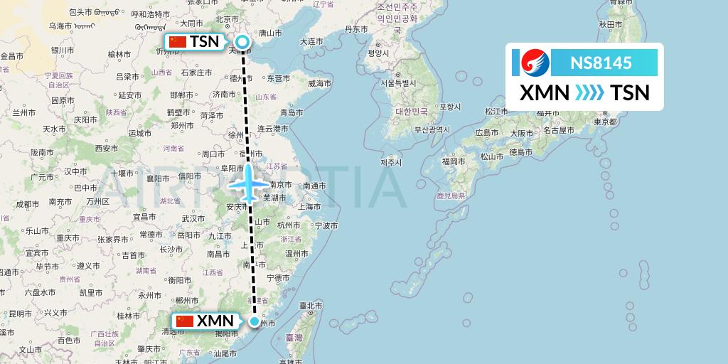 NS8145 Hebei Airlines Flight Map: Xiamen to Tianjin