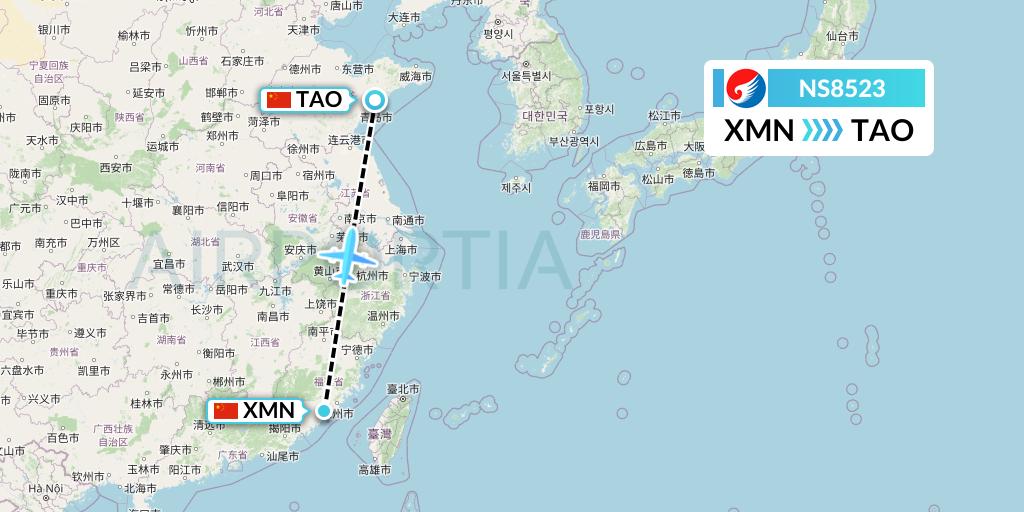 NS8523 Hebei Airlines Flight Map: Xiamen to Qingdao