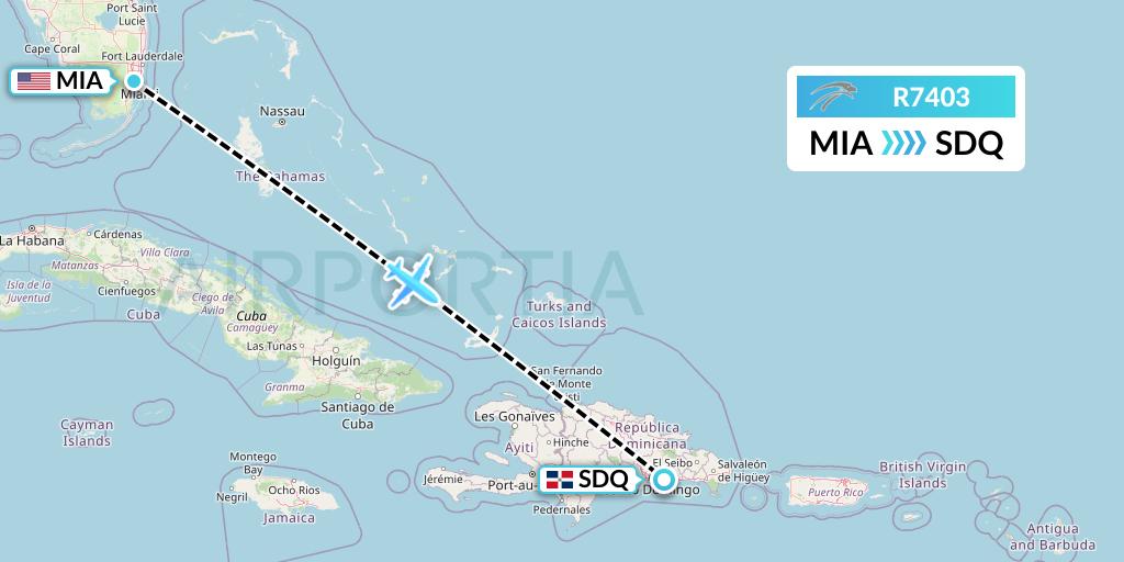 R7403 Aserca Airlines Flight Map: Miami to Santo Domingo