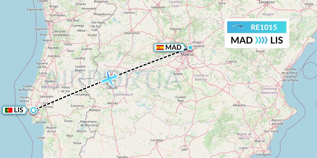 RE1015 Aer Lingus Regional Flight Map: Madrid to Lisbon