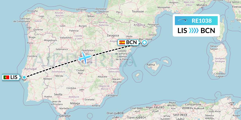 RE1038 Aer Lingus Regional Flight Map: Lisbon to Barcelona