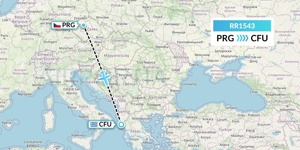RR1543 Royal Air Force Flight Map: Prague to Corfu