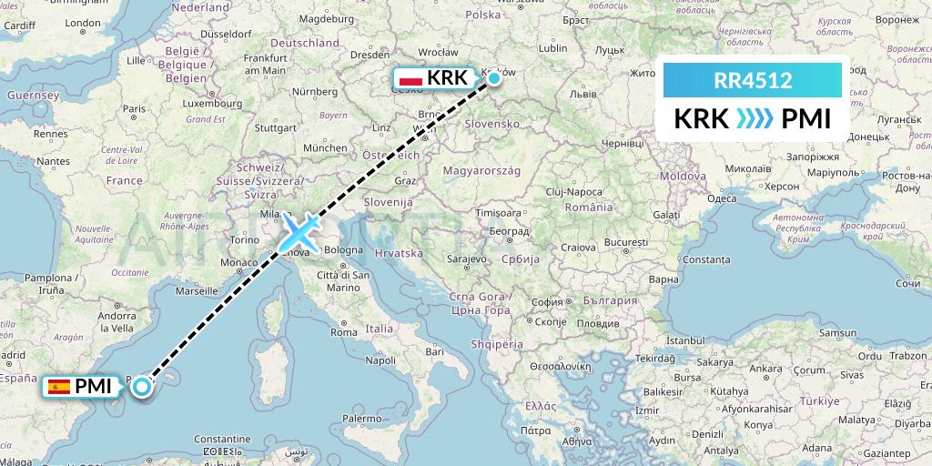 RR4512 Royal Air Force Flight Map: Krakow to Palma de Mallorca