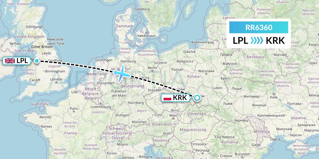RR6360 Royal Air Force Flight Map: Liverpool to Krakow