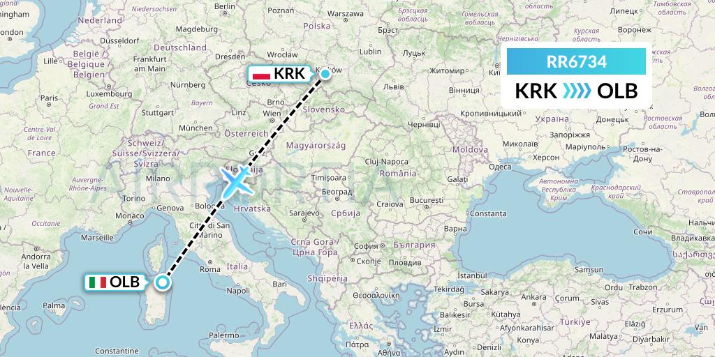RR6734 Royal Air Force Flight Map: Krakow to Olbia