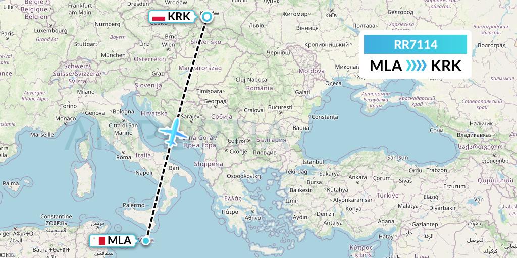 RR7114 Royal Air Force Flight Map: Malta to Krakow