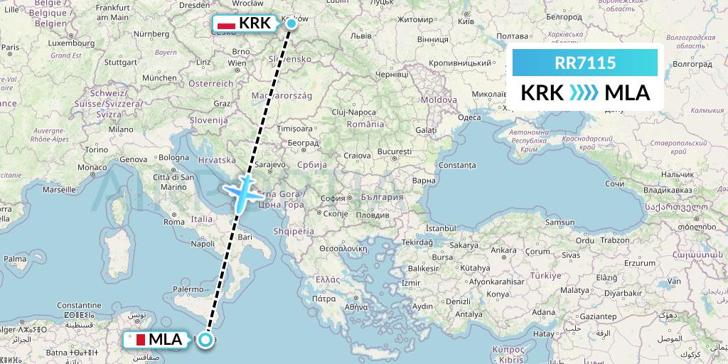 RR7115 Royal Air Force Flight Map: Krakow to Malta