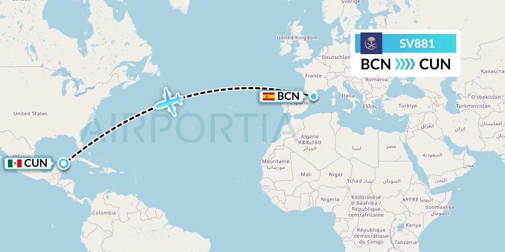 SV881 Saudi Arabian Airlines Flight Map: Barcelona to Cancun
