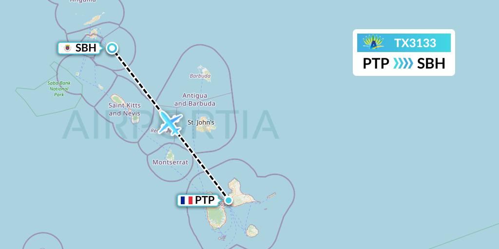 TX3133 Air Caraibes Flight Map: Pointe-a-Pitre to St. Jean