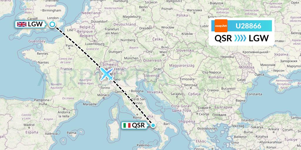 U28866 EasyJet Flight Map: Salerno to London
