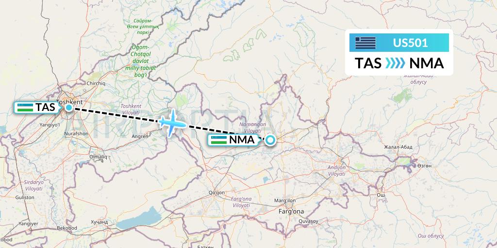 US501 US Airways Flight Map: Tashkent to Namangan