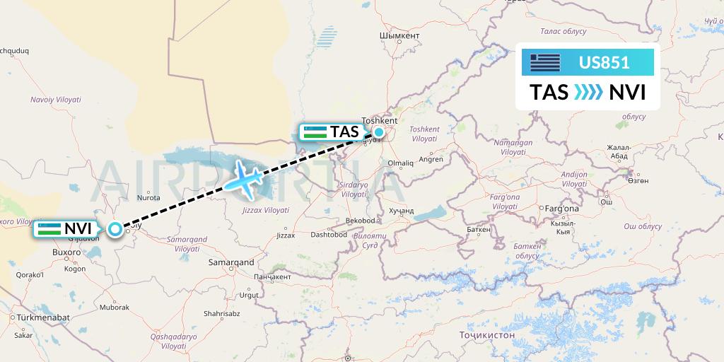 US851 US Airways Flight Map: Tashkent to Navoiy