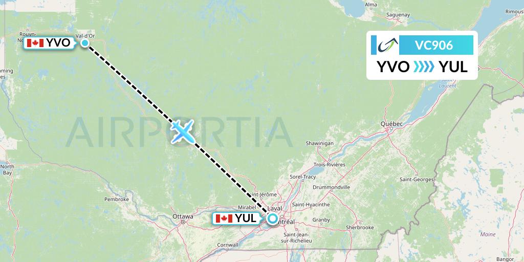 VC906 ViaAir Flight Map: Val-d'Or to Montreal