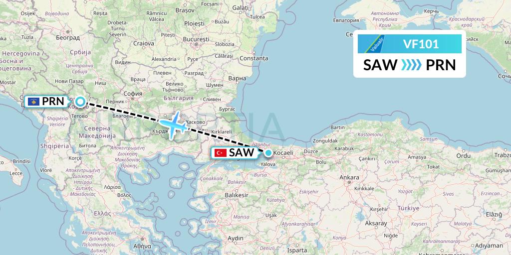 VF101 ValuAir Flight Map: Istanbul to Pristina
