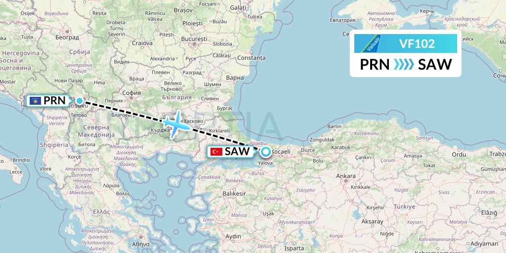 VF102 ValuAir Flight Map: Pristina to Istanbul