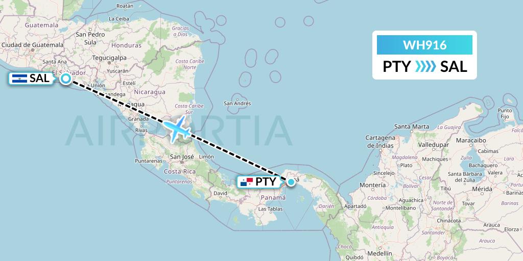 WH916 West African Airlines Flight Map: Panama City to San Salvador