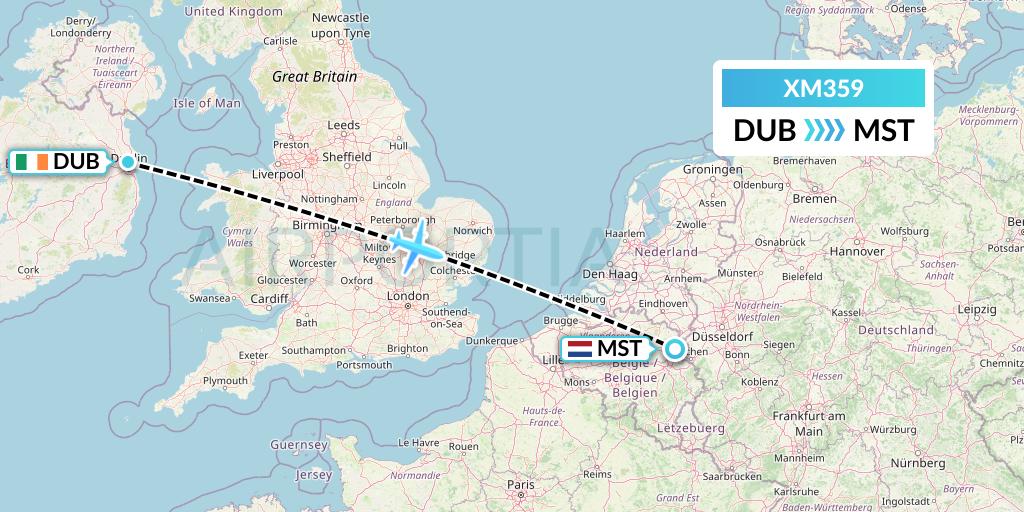 XM359 Zimex Aviation Ltd Flight Map: Dublin to Maastricht