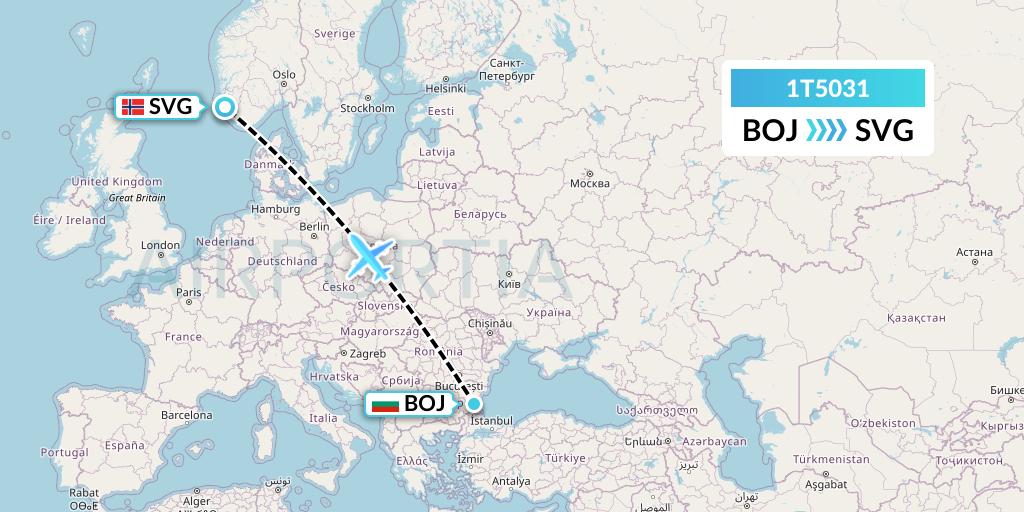 1T5031 Russian Sky Flight Map: Burgas to Stavanger