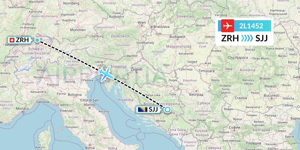 2L1452 Helvetic Airways Flight Map: Zurich to Sarajevo