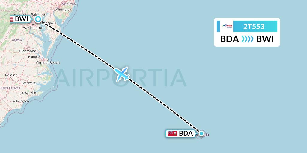 2T553 Trujet Flight Map: Bermuda to Baltimore