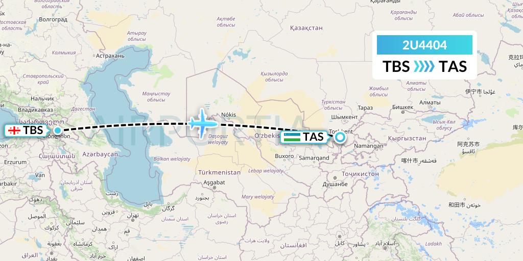 2U4404 Sun d'Or International Airlines Flight Map: Tbilisi to Tashkent