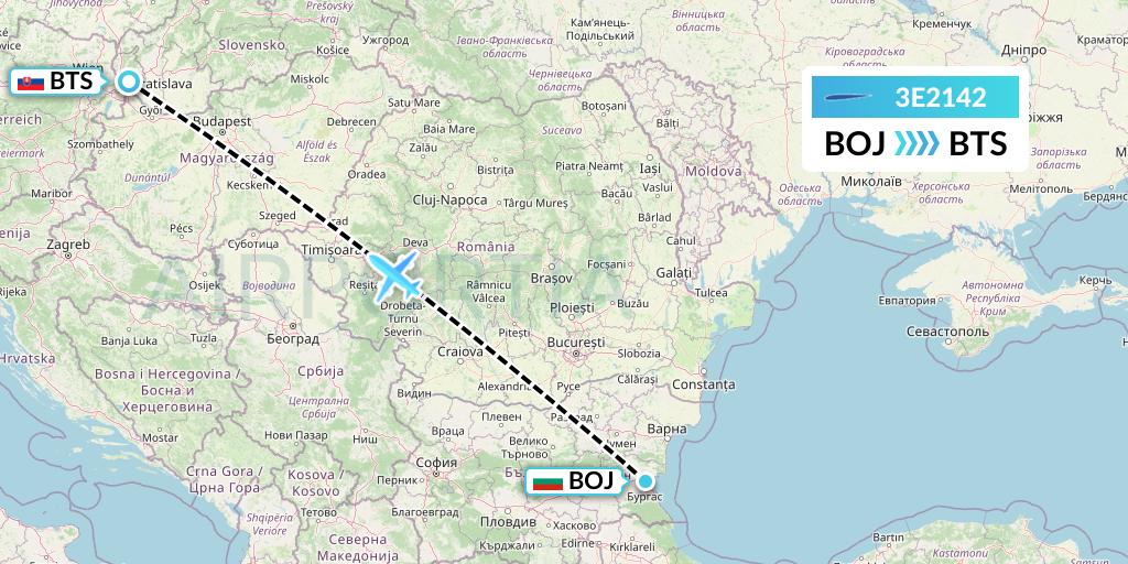 3E2142 Air Choice One Flight Map: Burgas to Bratislava
