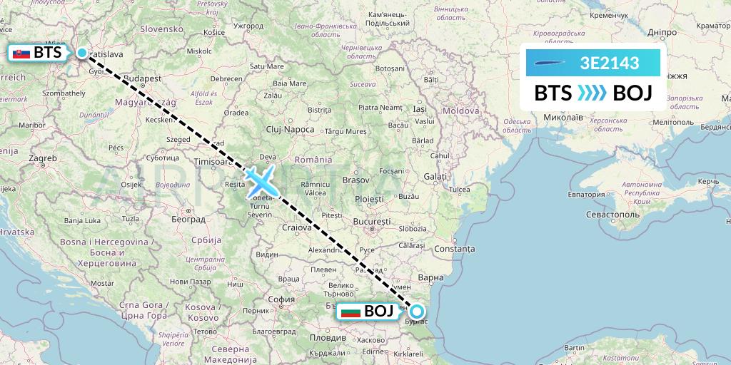 3E2143 Air Choice One Flight Map: Bratislava to Burgas