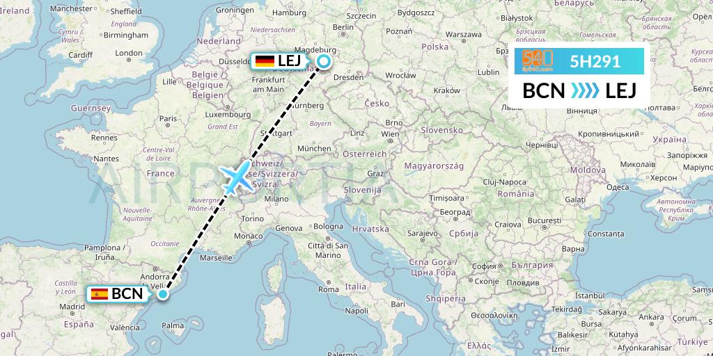 5H291 Fly540 Flight Map: Barcelona to Leipzig